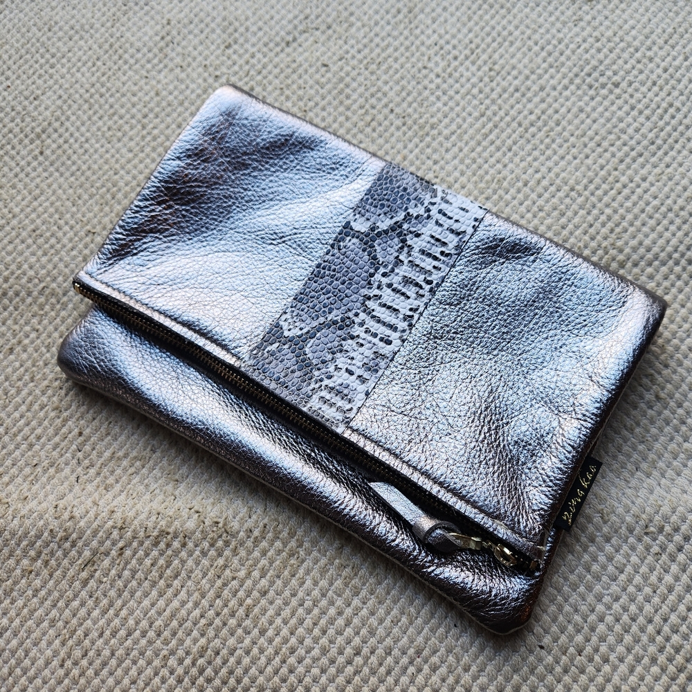Zina Kao Soft Adeline Foldover Clutch Purse Handbag Silver Black White Snakeskin